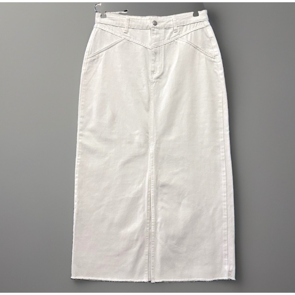 Reba White Denim Maxi Skirt Sz 8 Western Yoke Frayed Hem Front Slit Rodeo